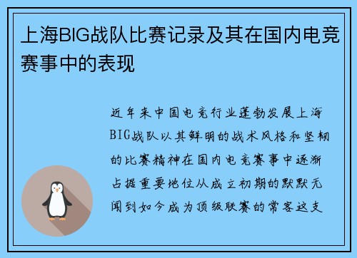 上海BIG战队比赛记录及其在国内电竞赛事中的表现